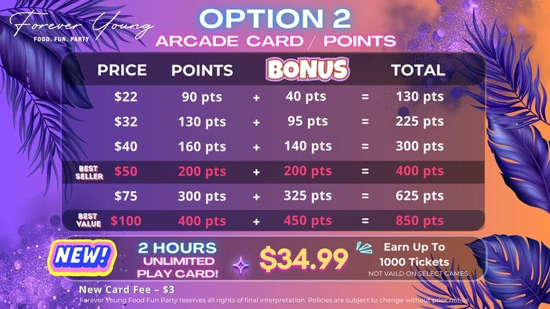 Forever Young arcade card pricing and points chart